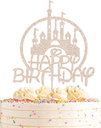 Castle Birthday Cake Topper - Rose Gold Glitter Castle Theme Birthday Party Cake Decoration Supply - Princess Prince Happy Bday Cake Topper Photo Prop