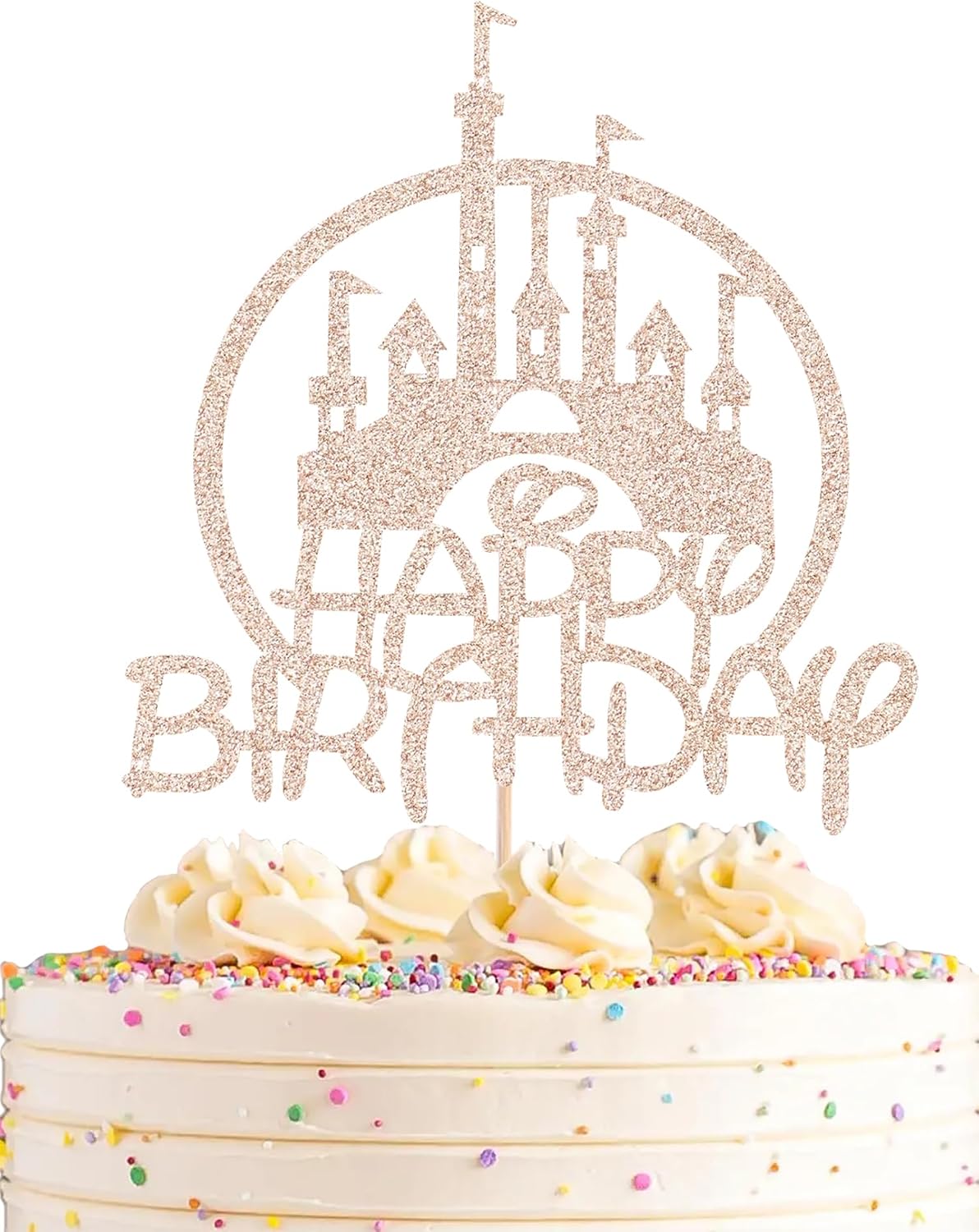 Castle Birthday Cake Topper - Rose Gold Glitter Castle Theme Birthday Party Cake Decoration Supply - Princess Prince Happy Bday Cake Topper Photo Prop