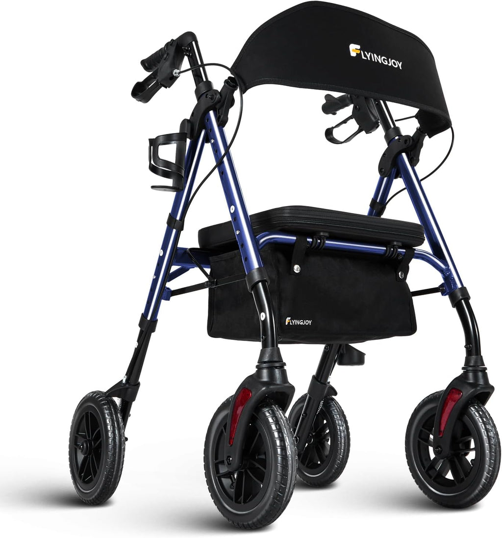 Lightweight Rollator Walker with Seat & Backrest - Foldable Mobility Aid for Seniors, 8" Airless Tires, Adjustable Height, Brake, Large Storage Bag,300 lbs Capacity, 4 Wheel Rolling Walkers for Adults