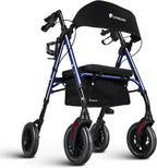Lightweight Rollator Walker with Seat & Backrest - Foldable Mobility Aid for Seniors, 8" Airless Tires, Adjustable Height, Brake, Large Storage Bag,300 lbs Capacity, 4 Wheel Rolling Walkers for Adults