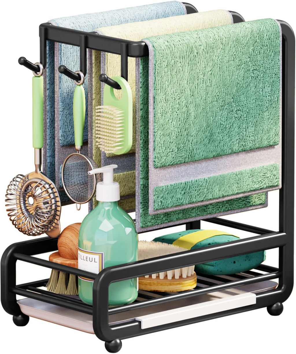Buachois Kitchen Sink Caddy Organizer,Carbon Steel Wall Mounted or Countertop Sink Caddy Sponge Holder with Removable Drip Tray, Kitchen Sink Organizer for Sponge