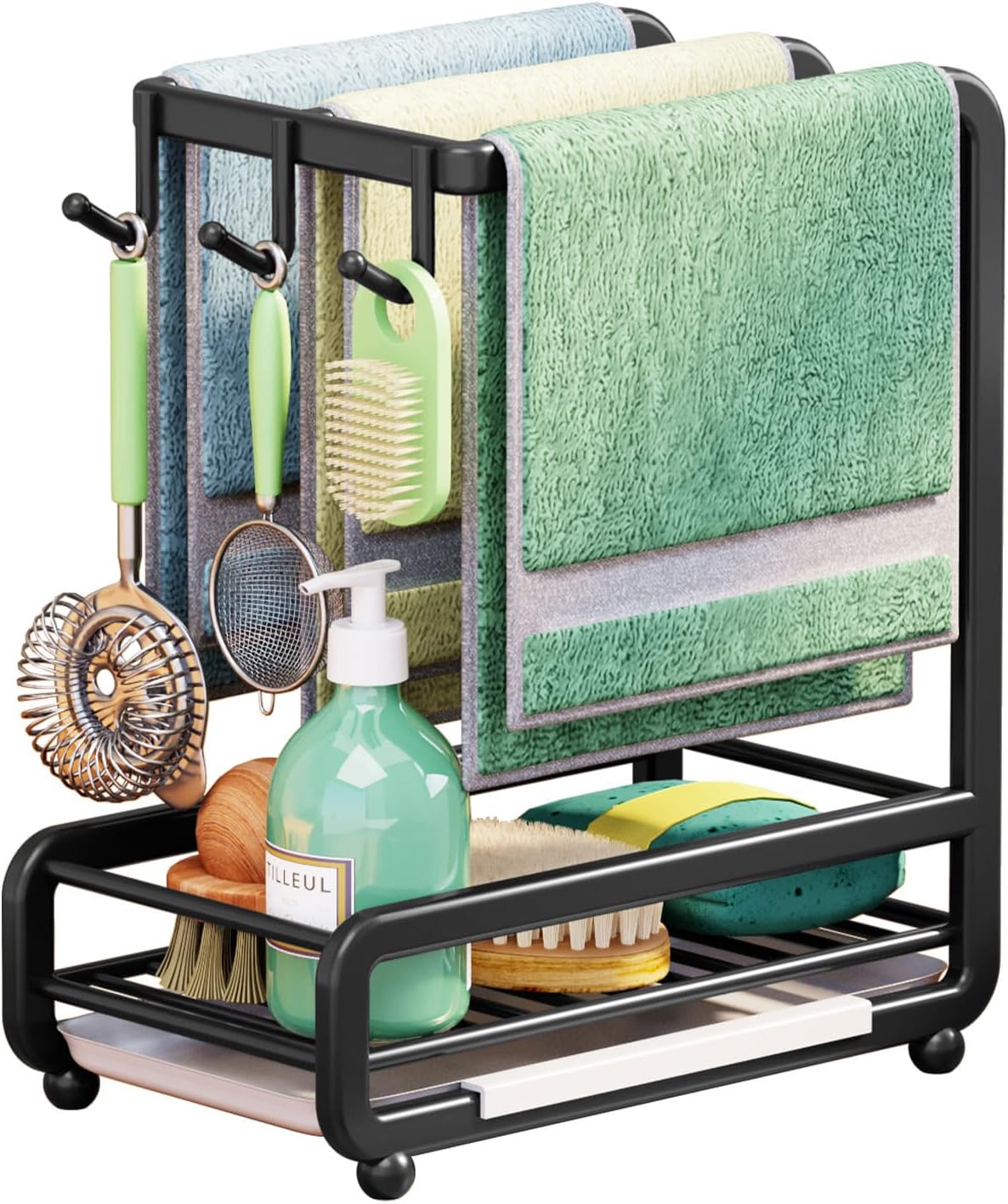 Buachois Kitchen Sink Caddy Organizer,Carbon Steel Wall Mounted or Countertop Sink Caddy Sponge Holder with Removable Drip Tray, Kitchen Sink Organizer for Sponge