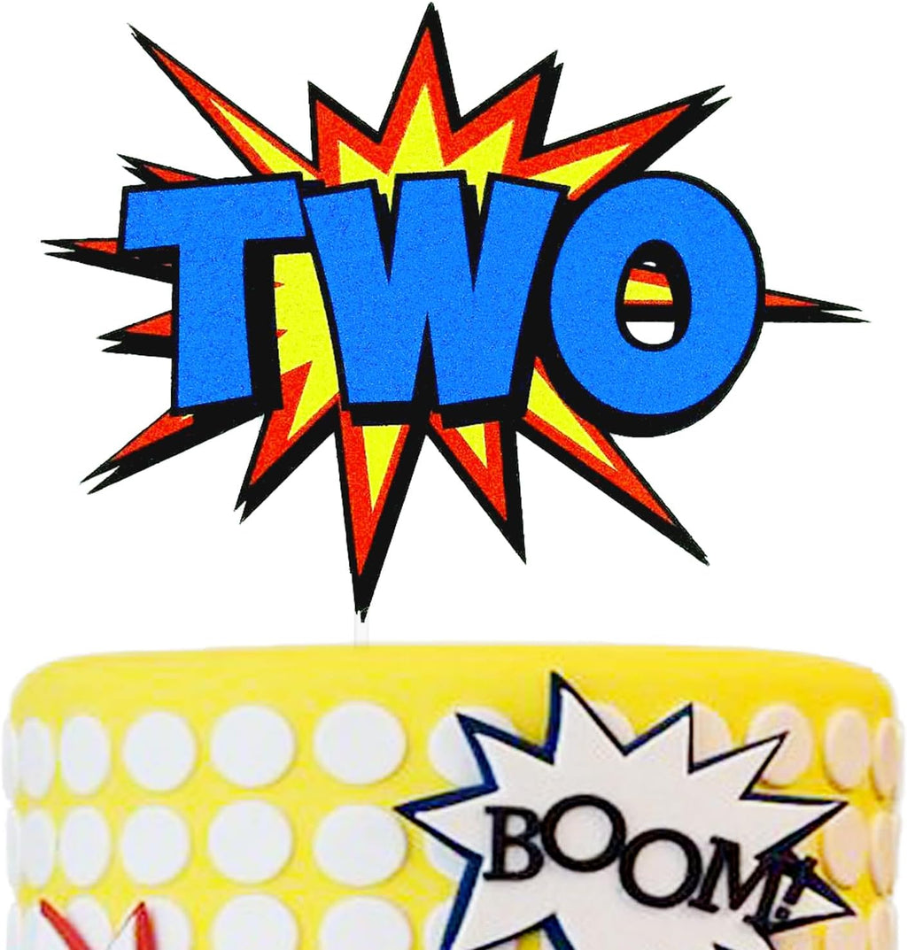 Comic Book Two Cake Topper, Comic Book Explosion Boom Two Cake Décor for Boys Kids, Hero theme 2nd Birthday Cake Décor, Comic Superhero Party Decoration Supplies