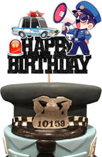Police Birthday Cake Topper| Policeman Officer Police Car Themed for Kids Adults Happy Birthday Retirement Party Supplies Black Glitter Decorations Supplies