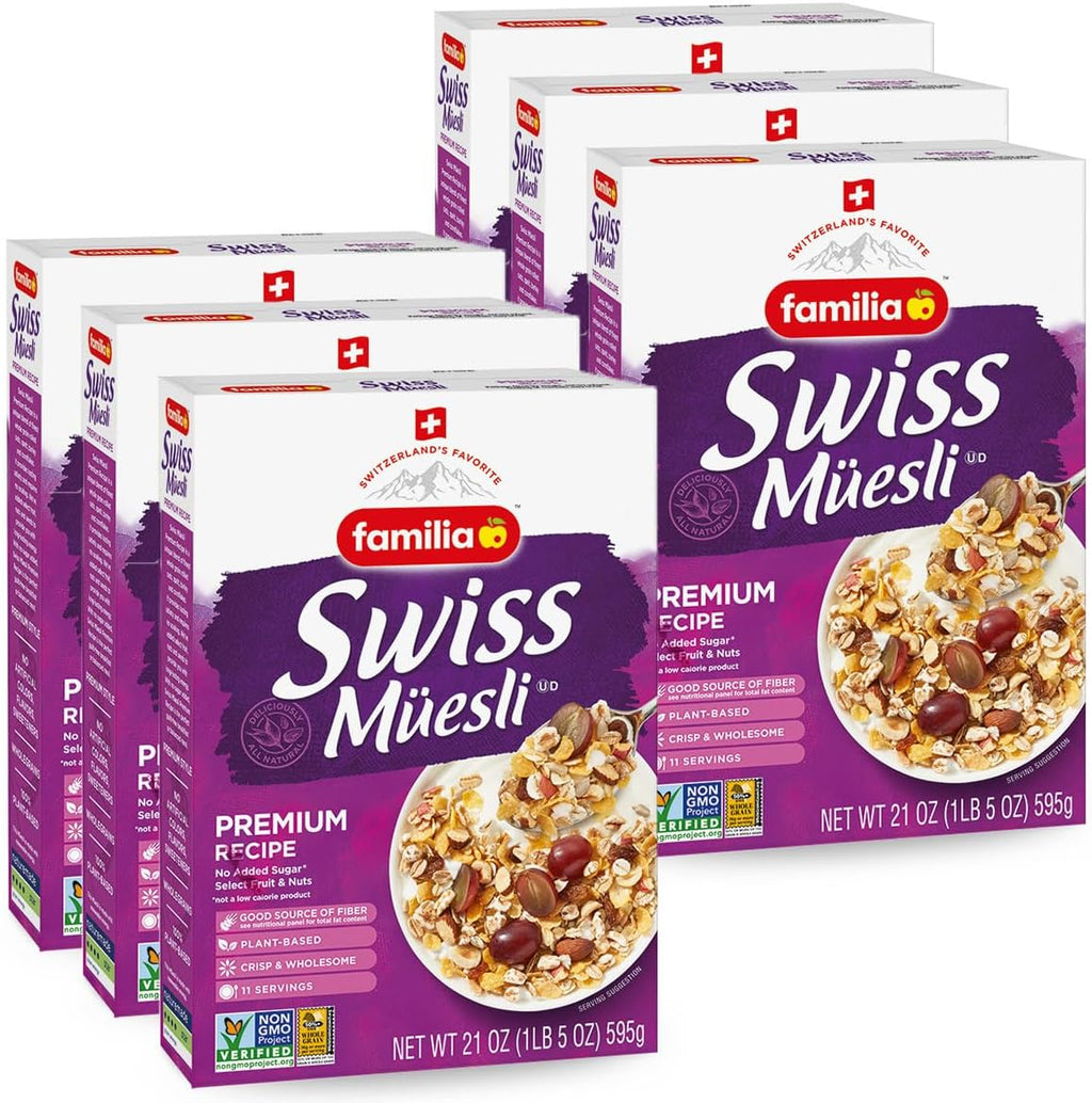 Familia Swiss Muesli Cereal, Premium Recipe with Spelt Flakes, Krispies, Fruit and Nuts, 0g Added Sugar, 21 Ounce (Pack of 6)