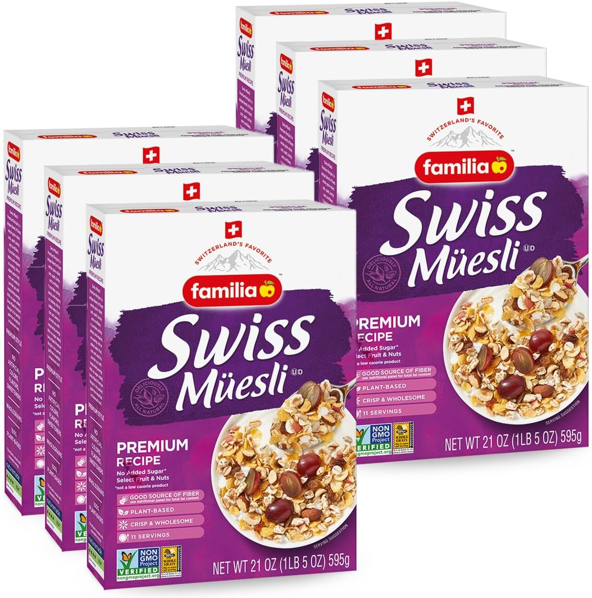 Familia Swiss Muesli Cereal, Premium Recipe with Spelt Flakes, Krispies, Fruit and Nuts, 0g Added Sugar, 21 Ounce (Pack of 6)