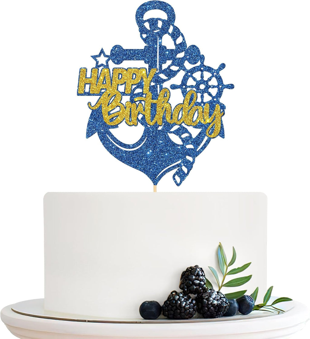 Ship's Anchor Happy Birthday Cake Topper, Nautical Baby Shower Cake Decor, Sailor Men Boy Birthday Party Decorations Supplies Blue Glitter
