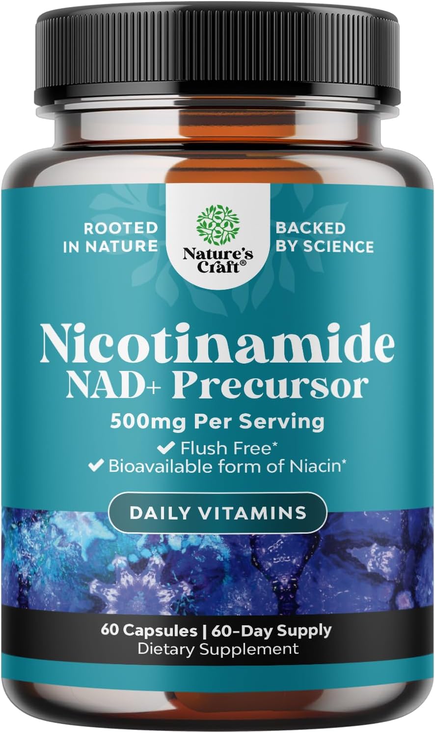 Vitamin B3 Niacinamide 500mg Capsules - Mitochondrial Energy and Potent Skin Supplement - Vitamin B3 Niacin Flush Free and Nicotinamide 500mg - Flush Free Niacin Supplement - 60 Count