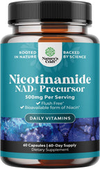 Vitamin B3 Niacinamide 500mg Capsules - Mitochondrial Energy and Potent Skin Supplement - Vitamin B3 Niacin Flush Free and Nicotinamide 500mg - Flush Free Niacin Supplement - 60 Count