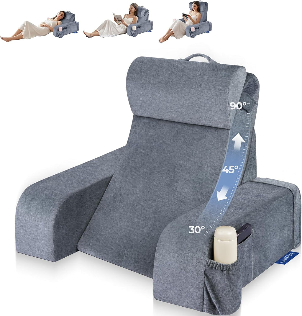 Reading Pillow with 30-90° Stepless Adjustable Angle & Height, 2 in 1 Back Wedge Pillow for Bed Sitting up with Detachable Arms Rest, Backrest Pillow for Reading/Gaming/Working in Bed or Couch, Medium