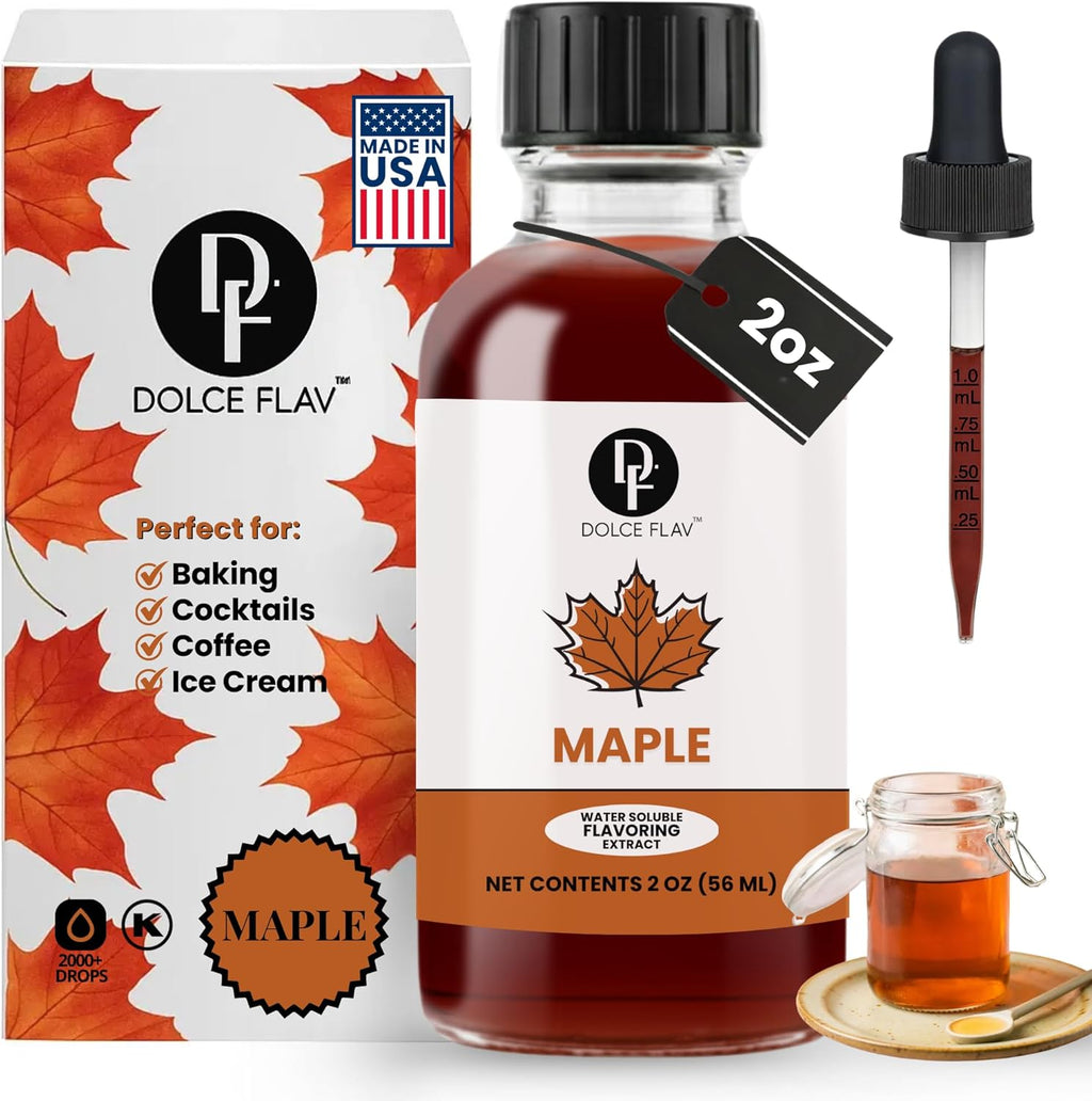 Dolce Flav Maple Extract - 2 Ounce Water-Soluble Multipurpose Flavoring Ideal for Baked Goods, Beverages, Coffee, Desserts & Ice Cream - Perfect Kitchen Gift for Holidays