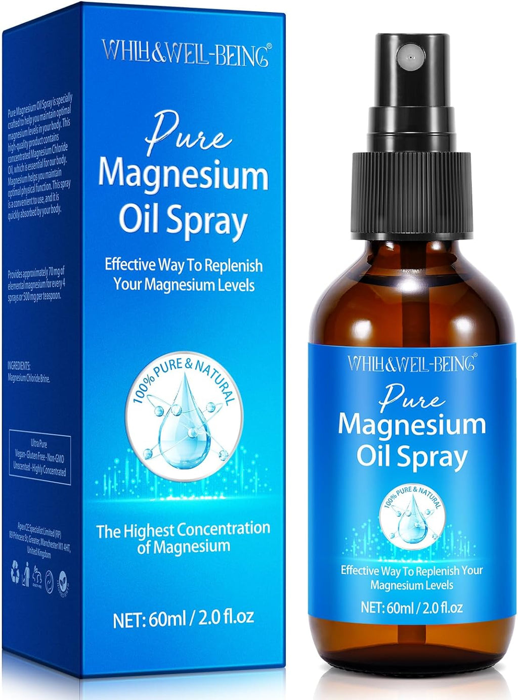Magnesium Spray, Pure Magnesium Oil Spray for Feet, Natural Ingredient in Glass Bottle, Easy to Absorb and Use 1Pack