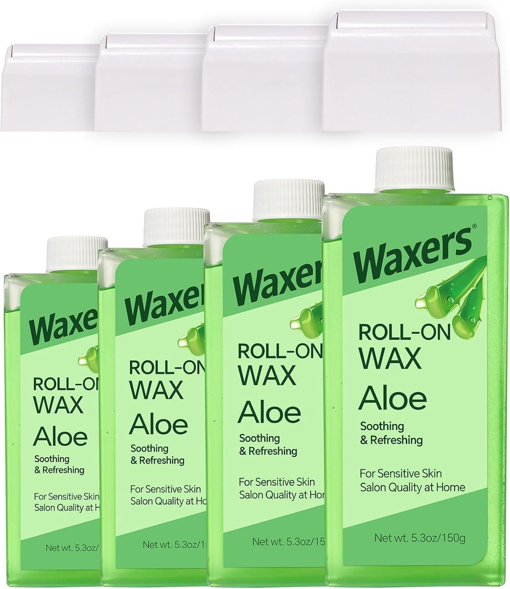 Roll on Wax Refill for Hair removal Aloe Vera at Home Roller Waxing Cartridges for Sensitive Skin Depilatory Soft Wax for Legs Arms & Body 5.3oz 150g 4 Pack