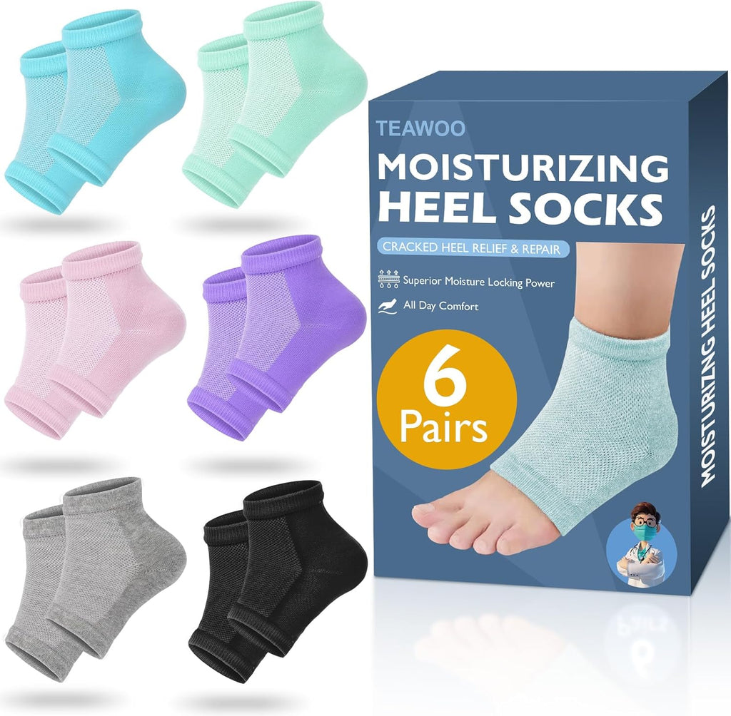 TEAWOO Moisturizing Heel Socks - 6 Pairs for Dry Cracked Feet, Toeless Gel Socks for Hydration and Repair