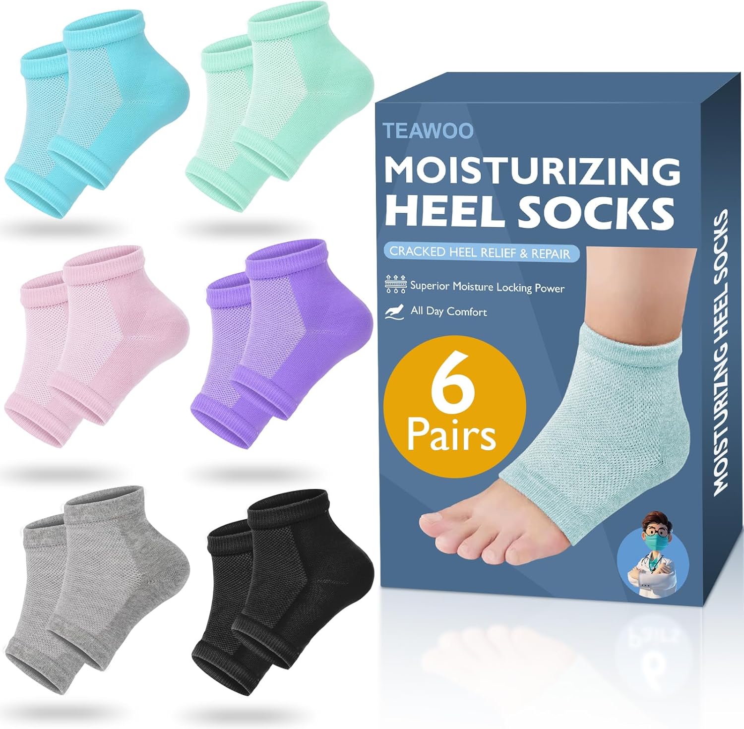 TEAWOO Moisturizing Heel Socks - 6 Pairs for Dry Cracked Feet, Toeless Gel Socks for Hydration and Repair