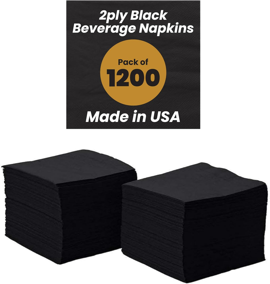 Perfectware 2ply Black Beverage Napkins. 1200 Count 2Ply Cocktail Black Napkins. 10 x 10 Black Beverage Napkin. Pack is 4 Packs of 300 Count. Total 1200 Napkins