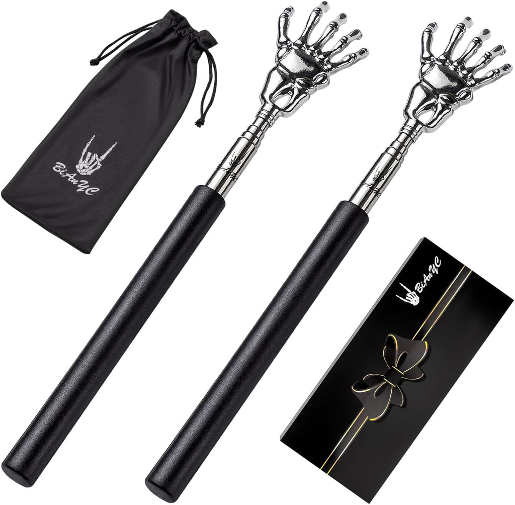 BiAnYC 2-Pack Skeleton Hand Back Scratcher Portable Extendable Telescopic Ghost Hand Massages Back Scratcher Soft Rubber Handles with Best for Send Friends/Colleagues/Elders Best Gift (Black)