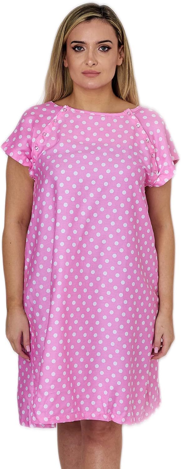 Magnus Care Hospital Gown for Women Labor & Delivery, 100% Cotton Easy Snap Back Closure, Shoulder Snap Polkadot Patient Gown