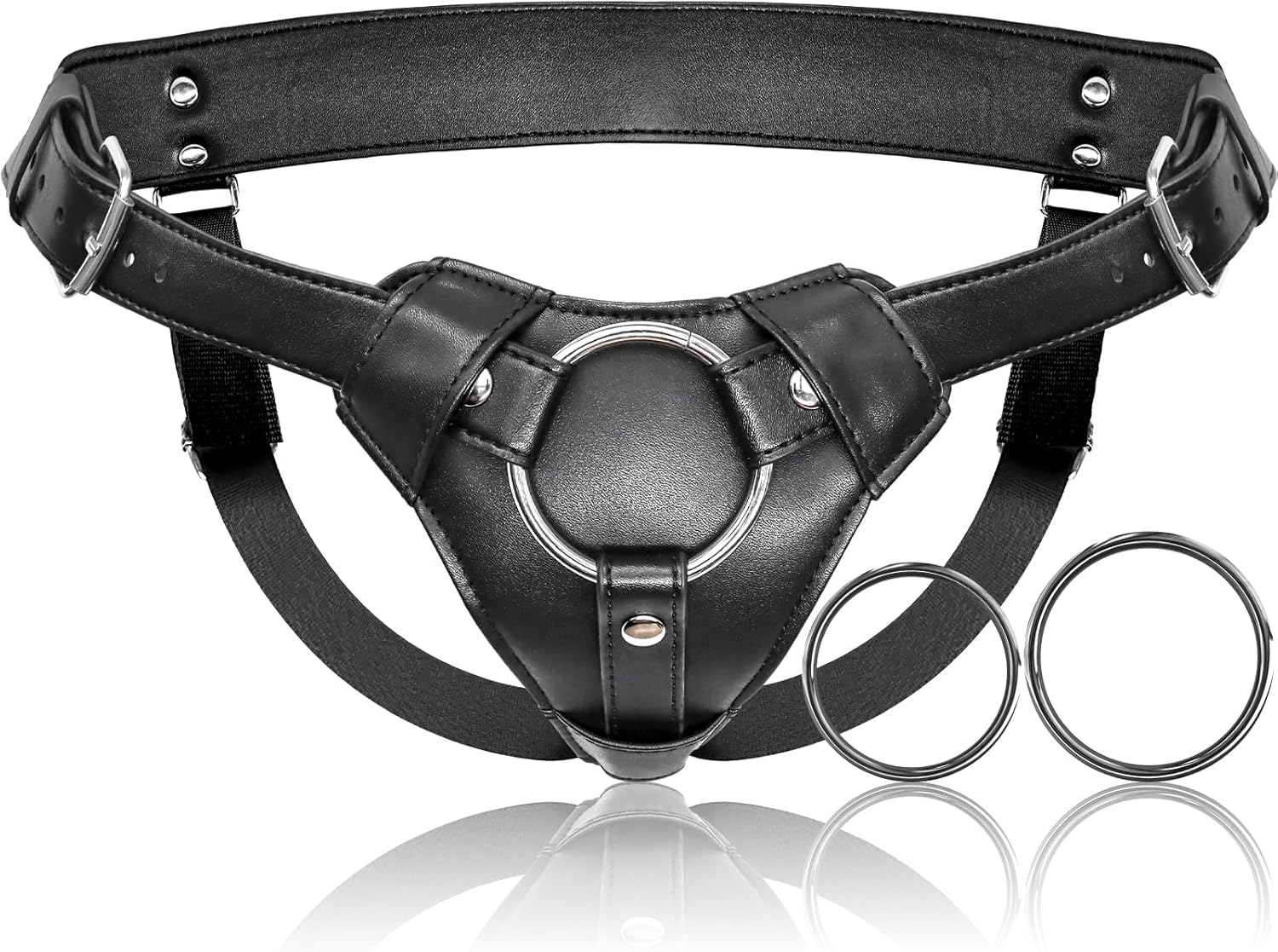 Strap On Dildo Harness Adult Sex Toys for Women Men Pegging Dildo, Adjustable Waist and Thigh Soft Nylon Vegan Leather Belt with 2 Size Metal O-Rings for Lesbian Gay Couple Vaginal Anal Play (Black)
