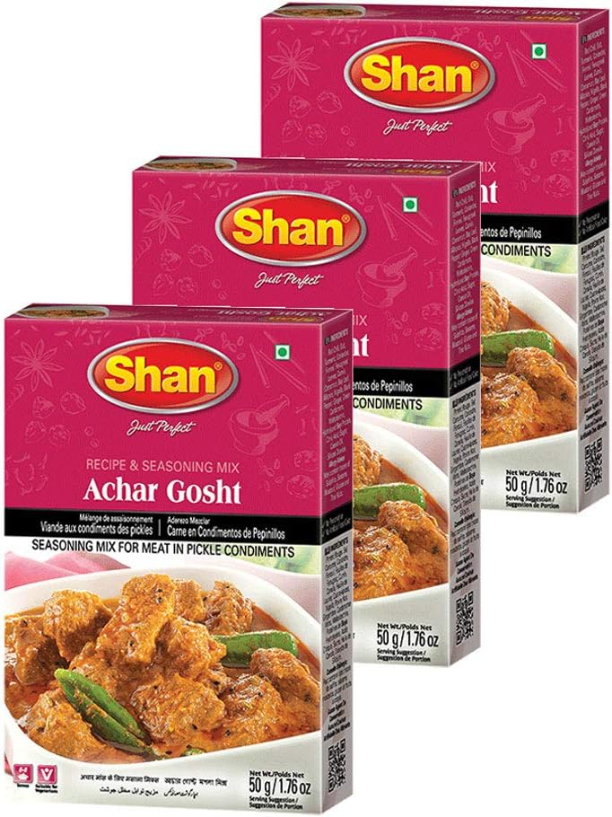 Shan Achar Gosht Recipe and Seasoning Mix 1.76 oz (50g) - Spice Powder for Meat in Pickle Condiments - Suitable for Vegetarians - Airtight Bag in a Box (Pack of 3)