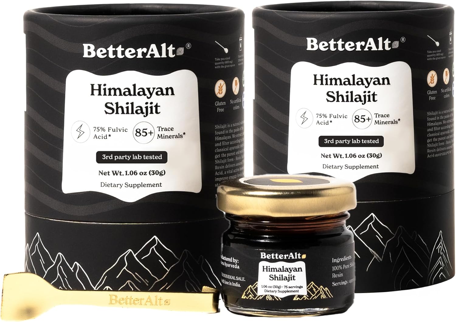 Better Alt Pure Himalayan Shilajit Resin Pack of 2 High Potency Gold Grade 150 Servings for Energy Boost & Immune Support, 85+ Trace Minerals, 75%+ Fulvic Acid, with Lab Test Report,400 mg