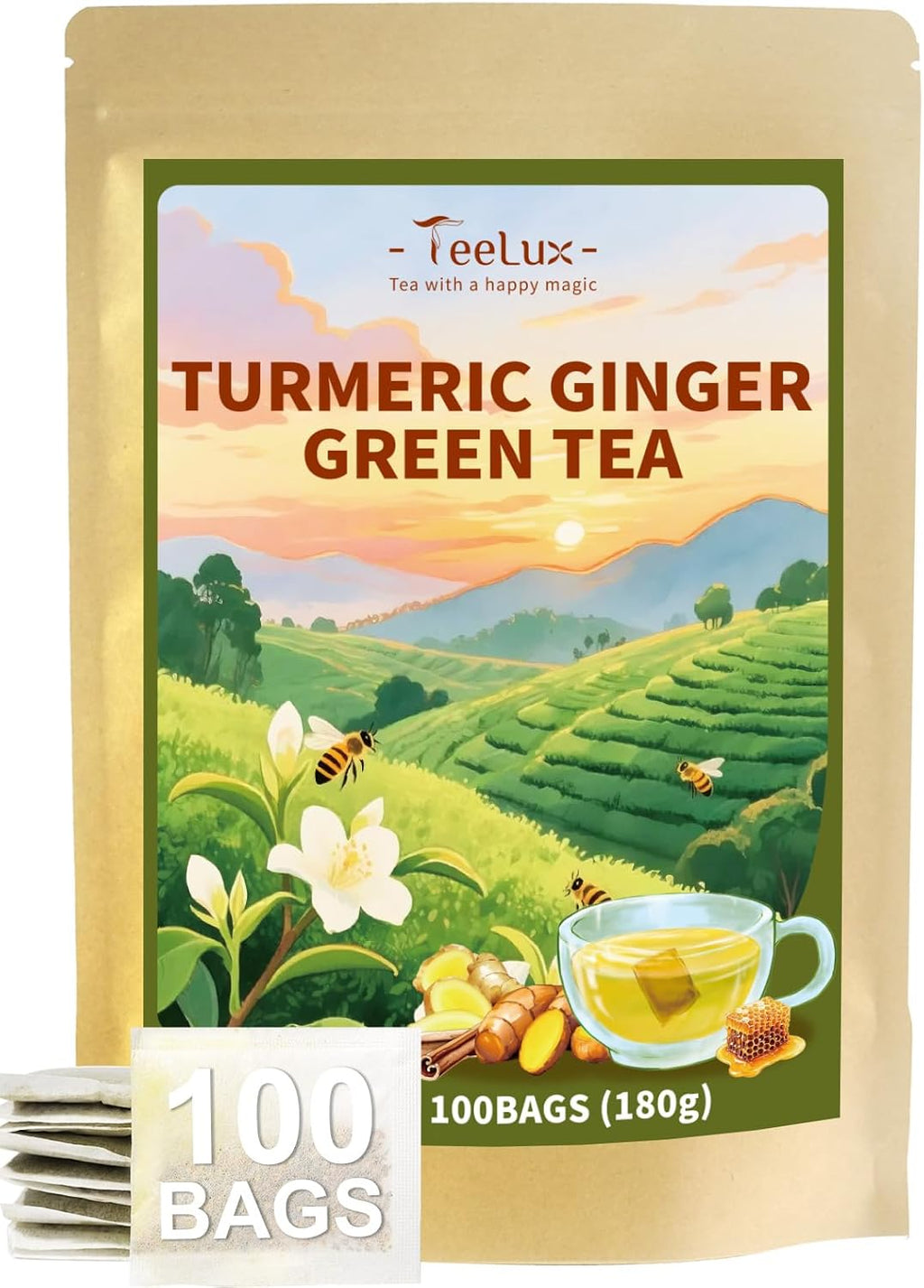 TeeLux Ginger Turmeric Green Tea Bags, Smooth Steamed Green Tea with Spicy Ginger, Earthy Turmeric & Sweet Honey Aroma, 100 Count, Hot & Iced Tea