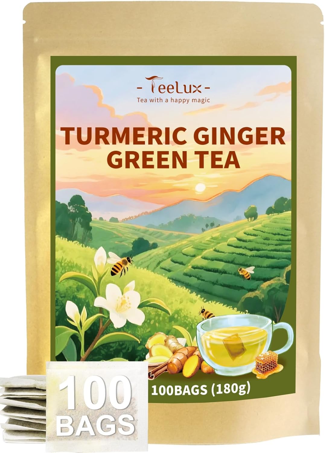 TeeLux Ginger Turmeric Green Tea Bags, Smooth Steamed Green Tea with Spicy Ginger, Earthy Turmeric & Sweet Honey Aroma, 100 Count, Hot & Iced Tea