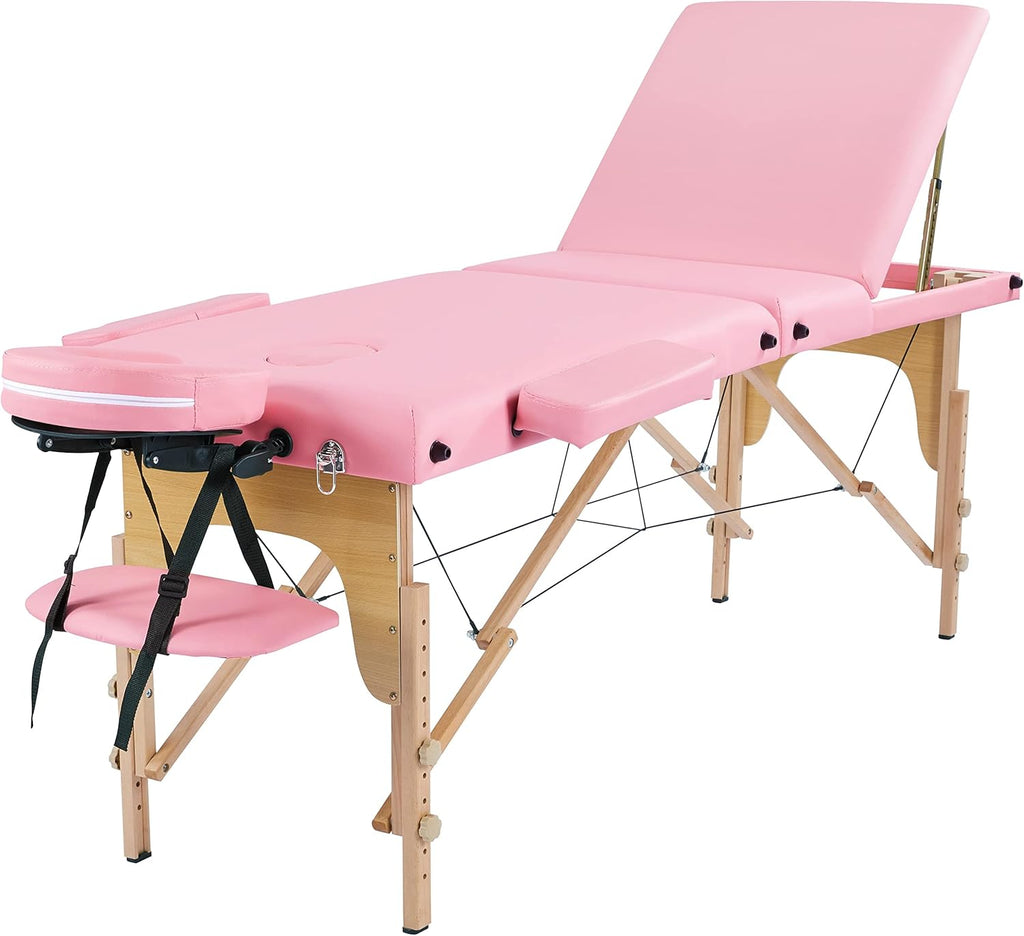 Yaheetech Massage Tables Portable Adjustable Massage Bed Foldable Spa Lash Table 3 Folding 84 Inch Salon Facial Bed with Non-Woven Bag, Pink