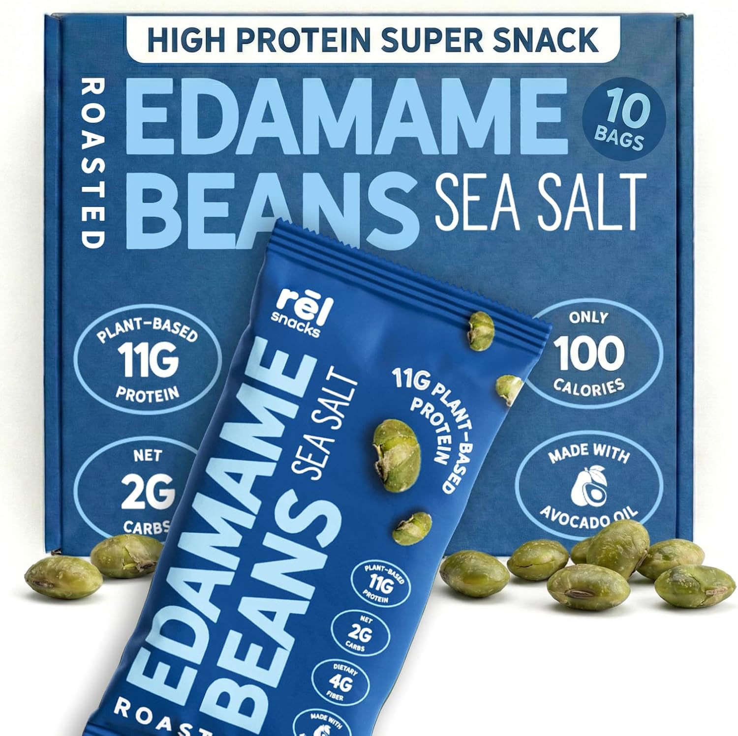 Rel Snacks Sea Salt Roasted Edamame Beans – High Protein, Low Carb Snack (11g Protein) – Keto, Vegan, Non-GMO – Made with Avocado Oil – 10 Pack, 0.9 oz