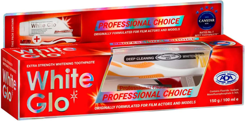 White Glo Professional Choice Teeth Whitening Toothpaste with Fluoride Protection Against Cavities, Highly Effective Whitening Formula, Low Abrasion, Developed for Actors, Actresses and Models, 5.3 oz
