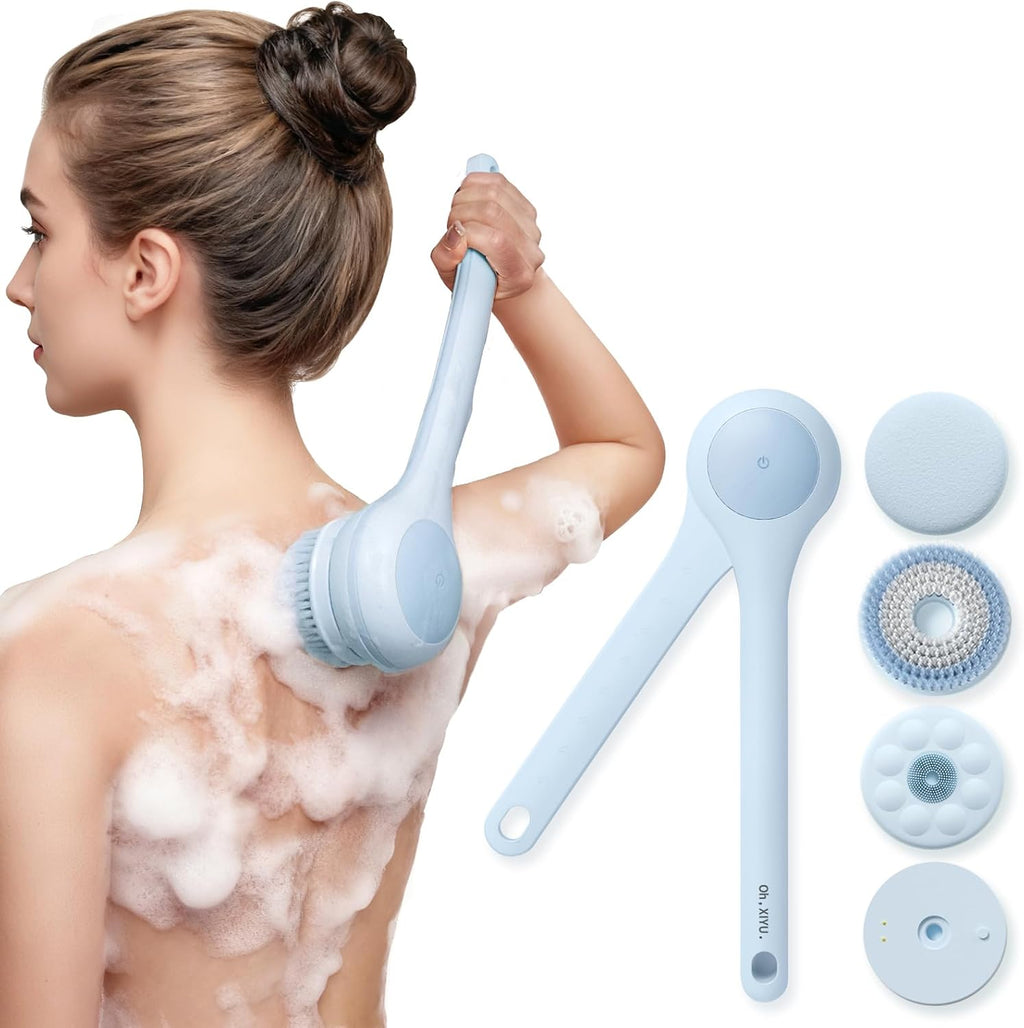 Electric Body Brush Back Scrubber for Shower, Waterproof Long Dual Handle Power Body Scrubber with 3 Heads, Bath Brush & 2 Speeds, for Cleansing, Exfoliating and Massaging Skin, Sky Blue