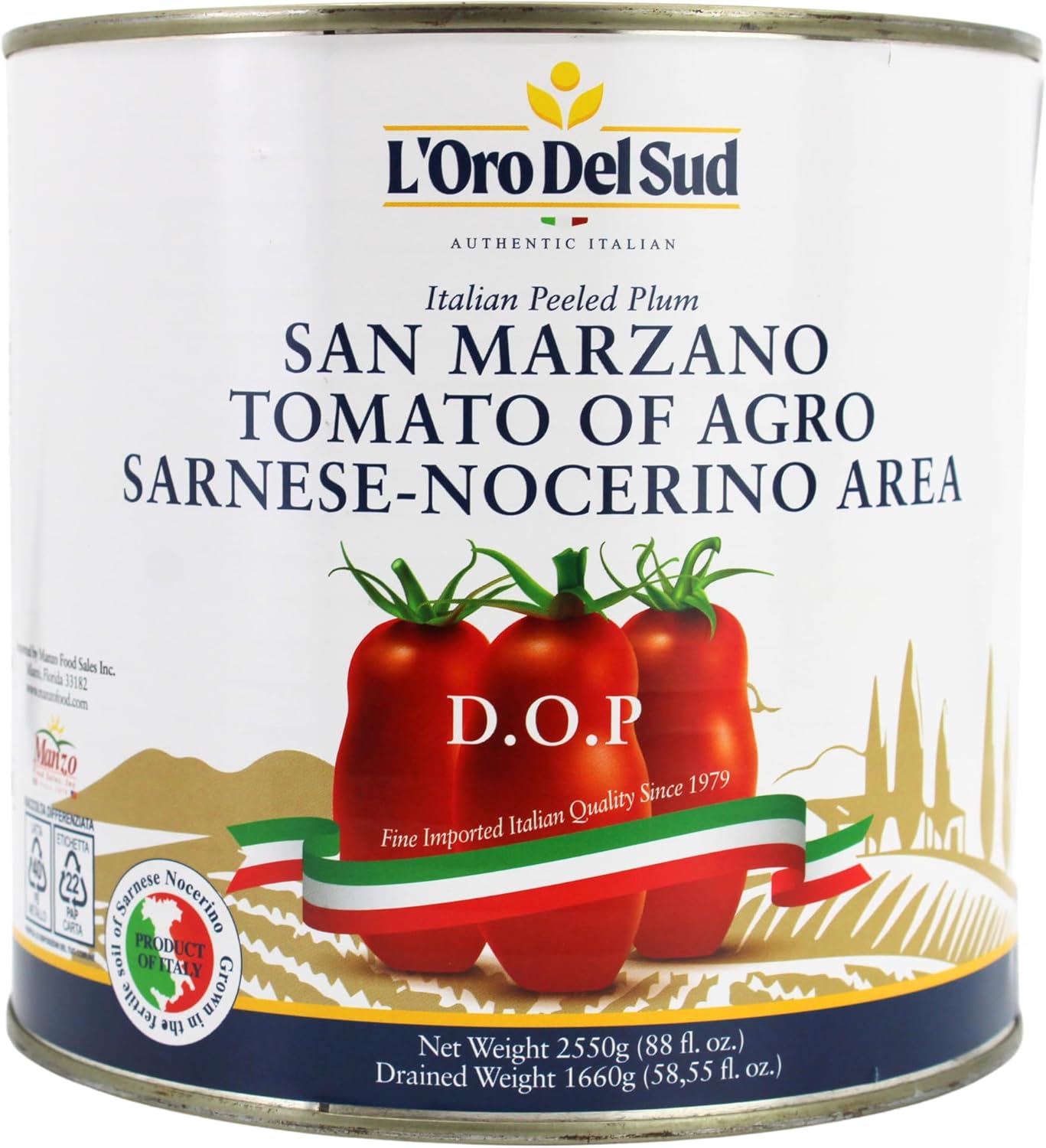 L'Oro Del Sud - D.O.P San Marzano Tomatoes of Agro Sarnese-Nocerino Area, Net Wt. 2550g (88 fl. oz). Pomodoro San Marzano dell’Agro Sarnese-Nocerino DOP Certification