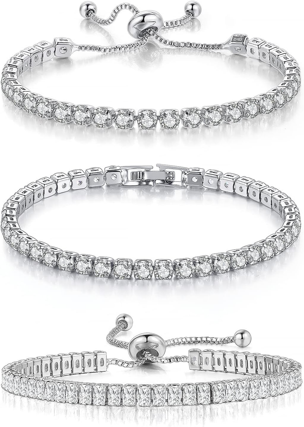3 Pcs Tennis Bracelets for Women 14K Gold Plated 4mm 5A+ Cubic Zirconia CZ Diamond Classic Adjustable Slider Bracelet Fashion Jewelry Wedding Gift Size 6.5-7.5 Inch