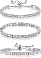 3 Pcs Tennis Bracelets for Women 14K Gold Plated 4mm 5A+ Cubic Zirconia CZ Diamond Classic Adjustable Slider Bracelet Fashion Jewelry Wedding Gift Size 6.5-7.5 Inch