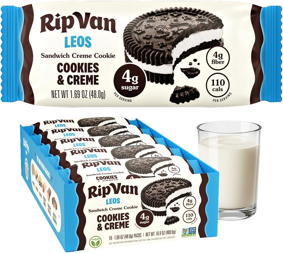 Rip Van LEOs - Cookies and Cream Sandwich Cookies - Low Sugar Snack Cookies - Low Carb Snack - Diabetic Snacks - 40 Low Sugar Cookies (10 Packs of 1.69oz)