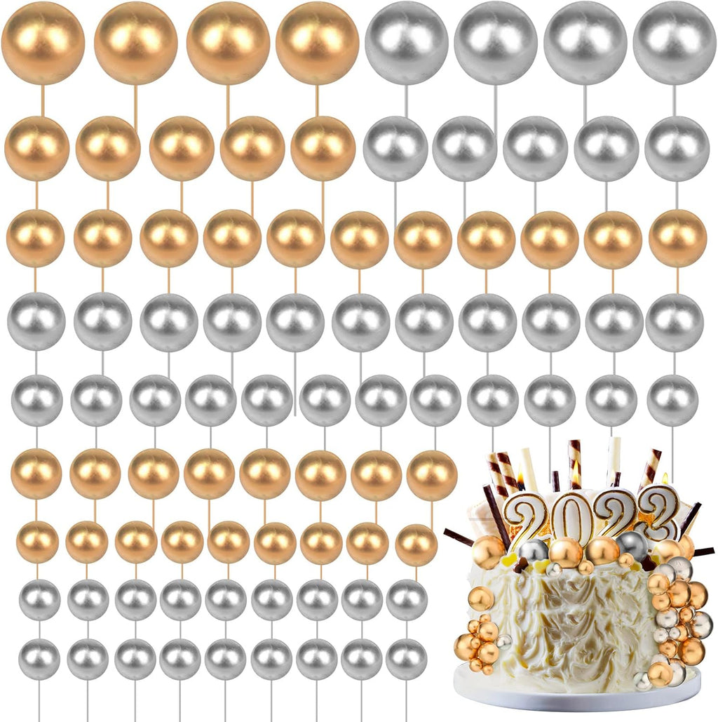 108 Pcs Balls Cake Topper DIY Cupcake Insert Foam Balloons for Cake Baking Wedding Anniversary Birthday Decoration(Gold, Silver,Multi Sizes)