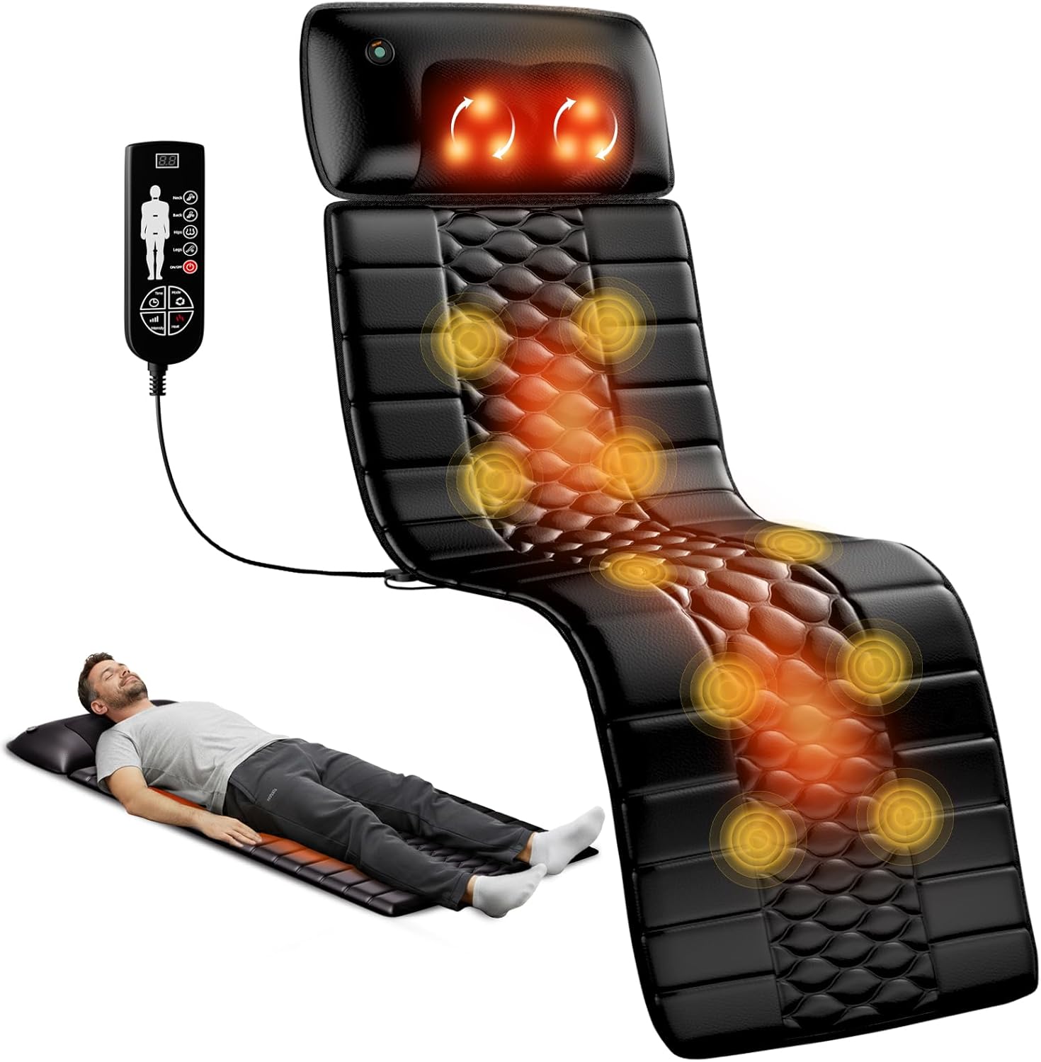 Shiatsu Full Body Massage Mat with Heat, Detachable Massager Pad, 10 Vibrating Motors, Deep Tissue Pain Relief for Back, Neck & Legs – Relaxation at Home or Office