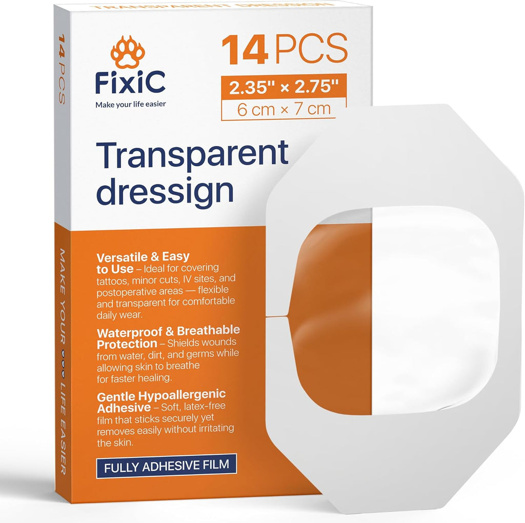 Fixic Transparent Film Dressing - 14 PCS 2.35 x 2.75 in - Large Waterproof Bandages for Swimming, Showering, Post Surgical - Perfect as Tattoo Aftercare Bandage - Premium Waterproof Tape for Skin!