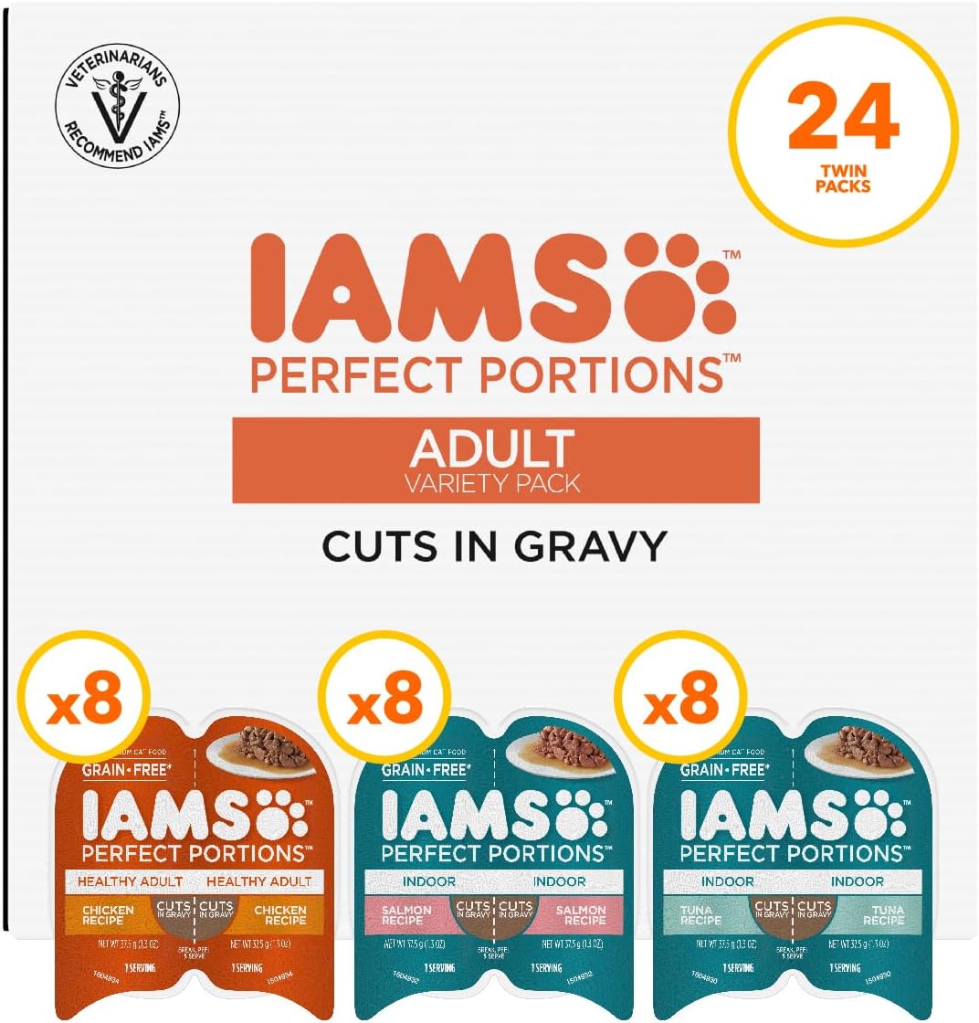IAMS Perfect Portions Grain Free Wet Cat Food, Healthy Adult Cat Food Pate, Chicken, Tuna, and Salmon Recipes, (24) 2.6 oz. Variety Twin-Pack Trays