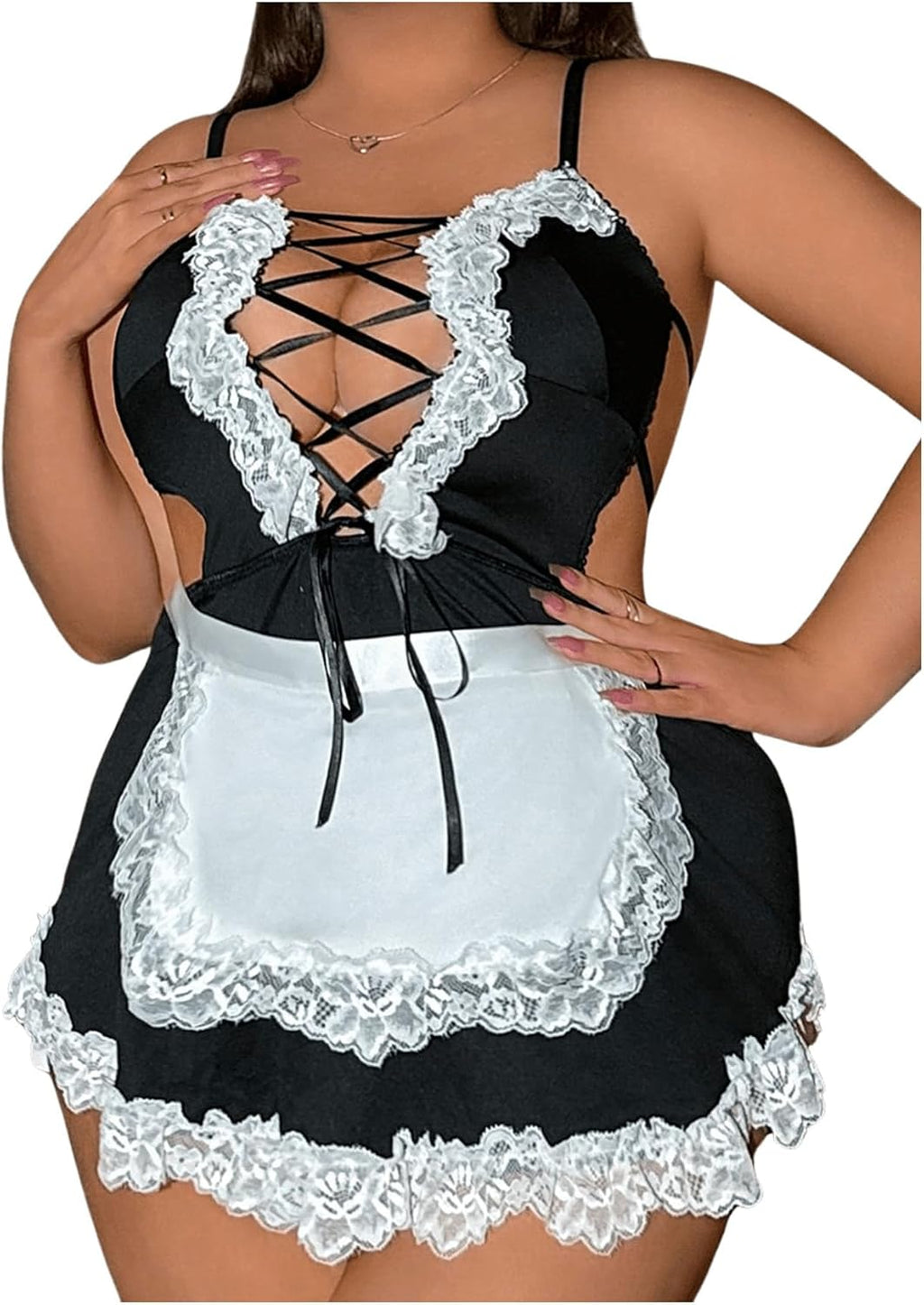 WDIRARA Women's Plus Size 2 Piece Contrast Lace Cosplay Lingerie Set Maid Costume Set Dress and Belt