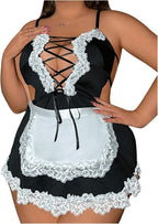 WDIRARA Women's Plus Size 2 Piece Contrast Lace Cosplay Lingerie Set Maid Costume Set Dress and Belt
