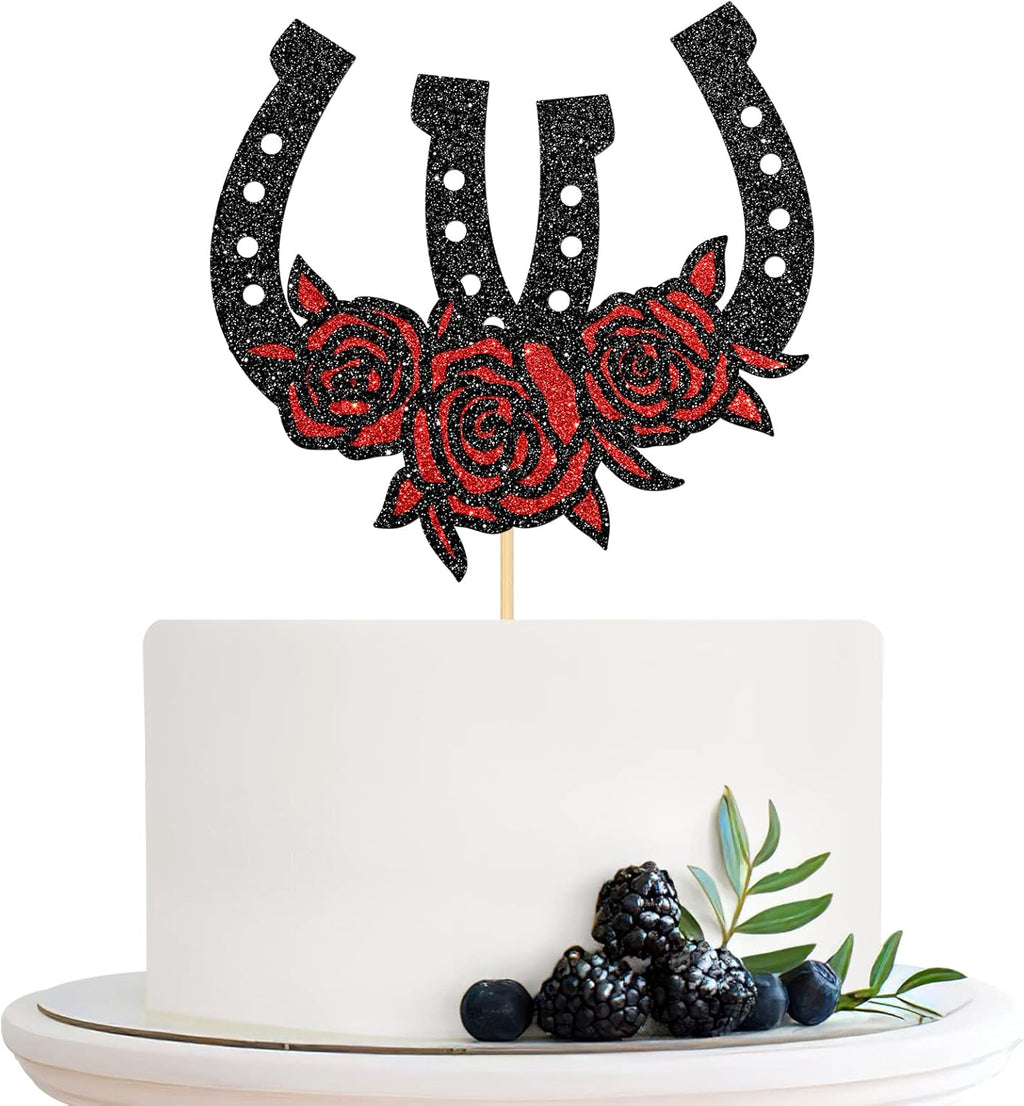 Horseshoe Birthday Cake Topper, Western Theme Cake Topper, Racing Horse, Western Wedding Party Cake Decorations Black Glitter
