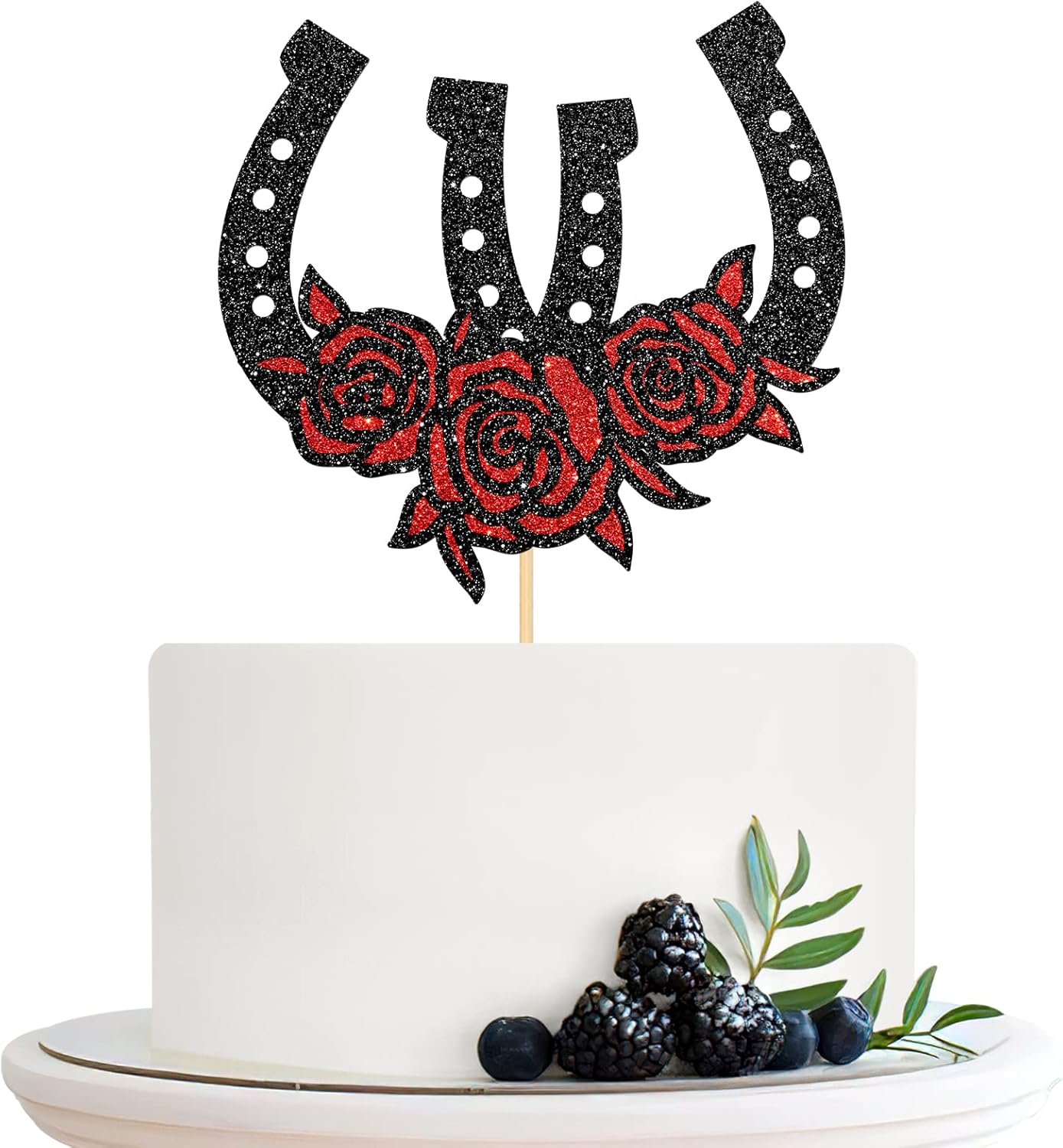 Horseshoe Birthday Cake Topper, Western Theme Cake Topper, Racing Horse, Western Wedding Party Cake Decorations Black Glitter
