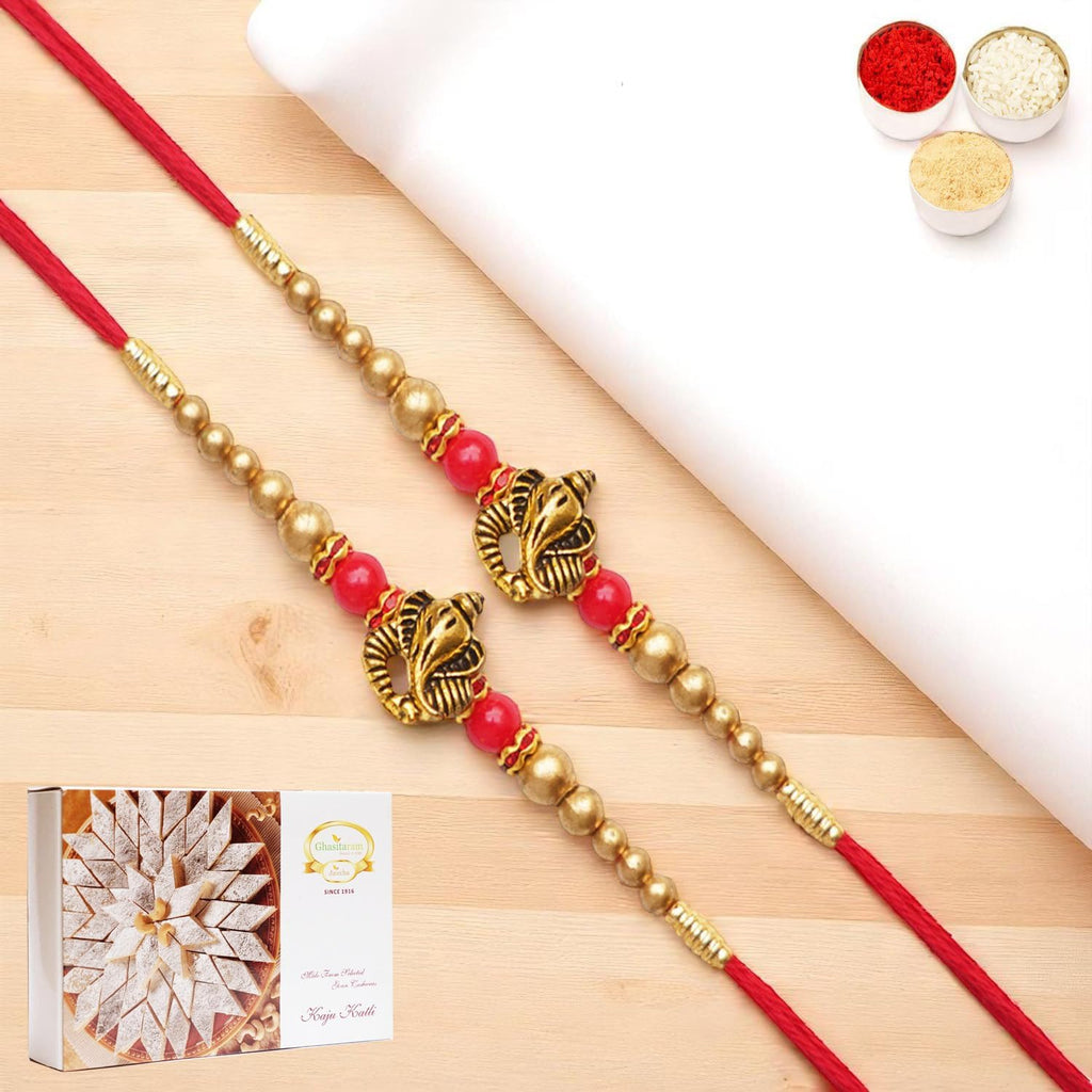 Ghasitaram Gifts Jaiccha Rakhis for Brother Rakhis Online - Set of 2 - Y-26 Ganesha divine Rakhi with 400 gms of Kaju katli