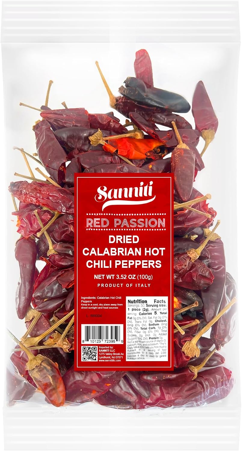 Sanniti Red Passion Dried Calabrian Hot Chili Peppers, 3.52 oz Bag – Spicy Whole Peppers – Product of Italy (Pack of 1)