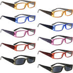 10 Pack Stylish Rectangular Reading Glasses Rhinestone Spring Hinges Readers With Pattern Design for Women Mix Color