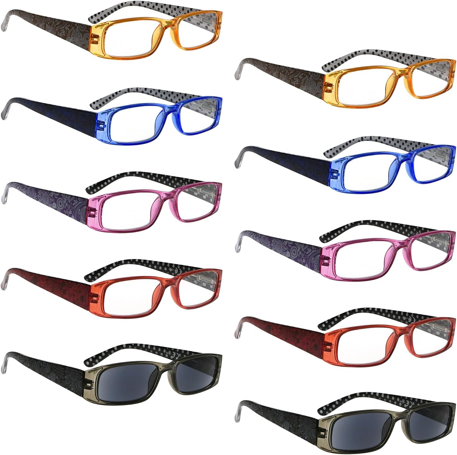 10 Pack Stylish Rectangular Reading Glasses Rhinestone Spring Hinges Readers With Pattern Design for Women Mix Color