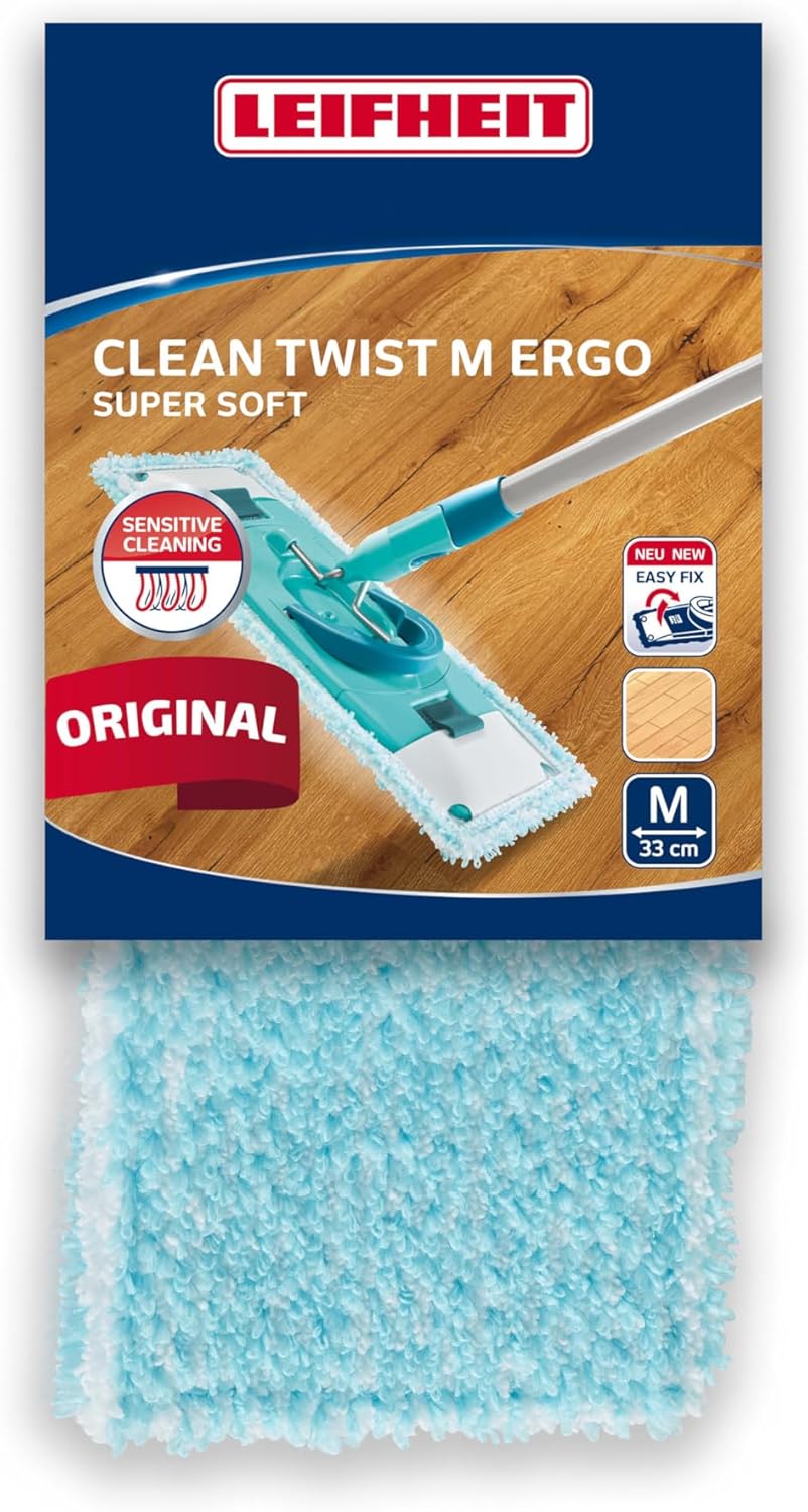 Leifheit Clean Twist M Ergo Super Soft Floor Washing Cover – Microfibre Replacement Mop Cover for Parquet and Laminate Floors – Low Water Absorption, Easy Velcro Attachment, Machine Washable 33 cm