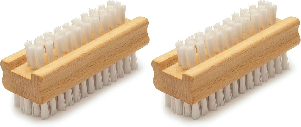 Konex Non-Slip Wooden Two-sided Hand and Nail Brush. Fingernail Brush for Nail Cleaning and Scrubbing. Heavy duty Stiff Nail Brush for Travel. Mechanic hand scrub brush with molded grip. (Pack of 2)