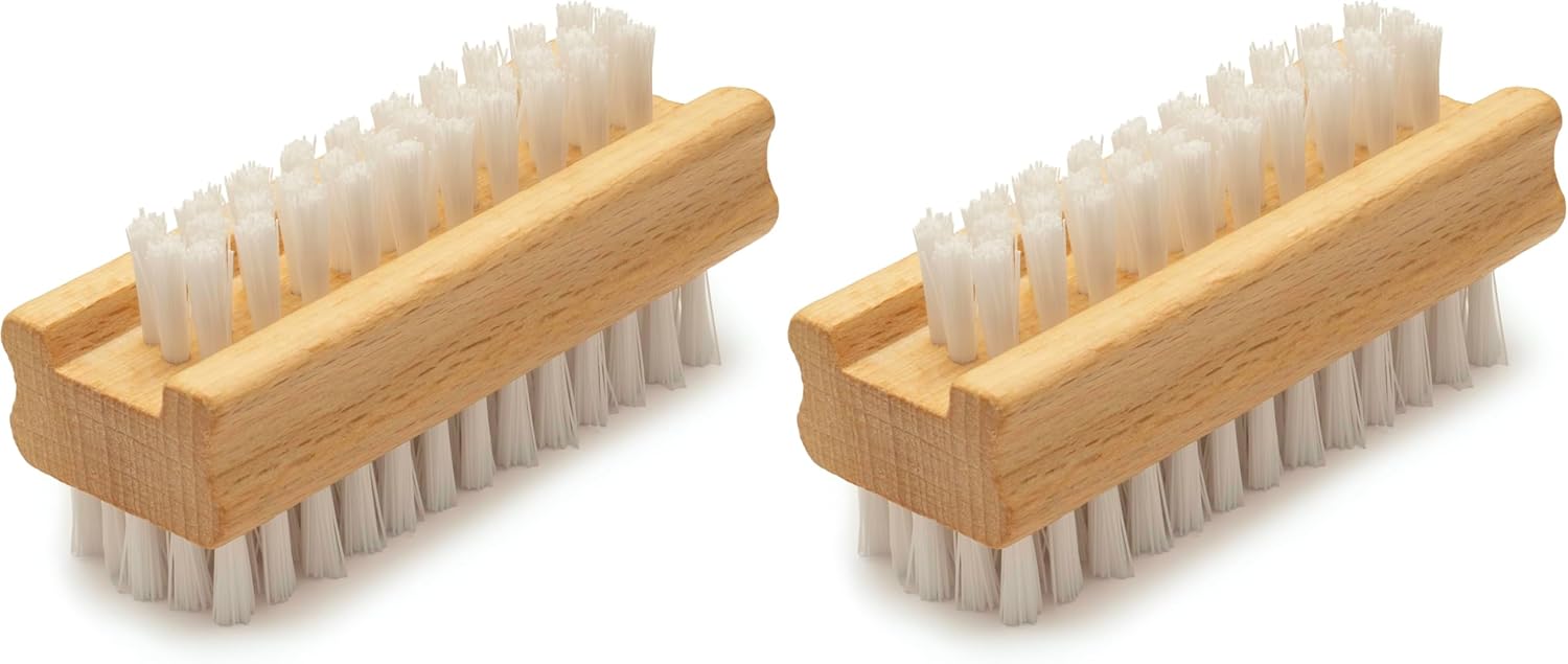 Konex Non-Slip Wooden Two-sided Hand and Nail Brush. Fingernail Brush for Nail Cleaning and Scrubbing. Heavy duty Stiff Nail Brush for Travel. Mechanic hand scrub brush with molded grip. (Pack of 2)